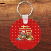 Porte-clés Canards mandarins et bonheur double sur rouge (Recto)