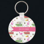 Porte-clés Caravanes Retro et Flamingos<br><div class="desc">This product feesta pattern which incorporates illustrations of retro vintage inspecred camper trailers,  pink flamingos,  bees,  and flowers.</div>