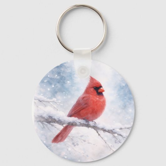 Porte-clés Cardinal Rouge Aquarelle d'Hiver (Recto)