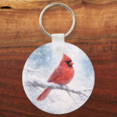 Porte-clés Cardinal Rouge Aquarelle d'Hiver (Recto)