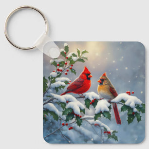 Porte-clés Cardinaux rouges et houx dans la neige