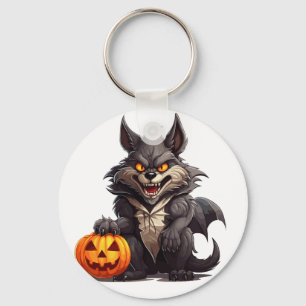 Porte-clés Caricature de loup effrayant avec un citrouille d'