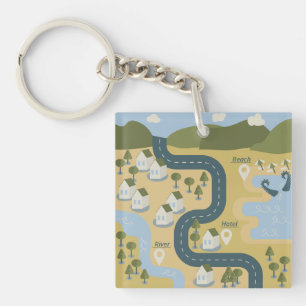 Porte-clés Caricature élégante paysage carte de voyage