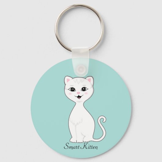 Porte-clés Caricature mignon blanc Kitten sur bleu clair (Recto)