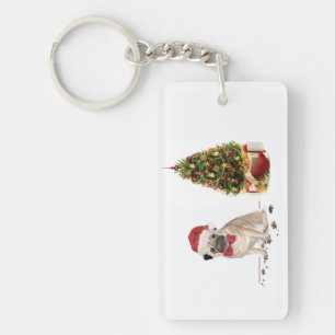 Porte-clés Carlin drôle Chien de Noël avec arbre