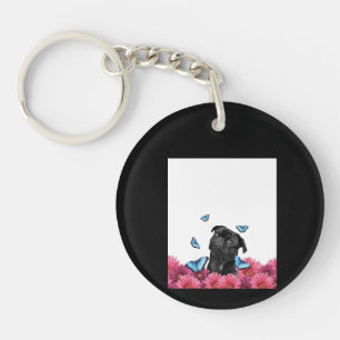 Porte-clés Carlin Noir Avec Papillons Bleus Et Gerberas