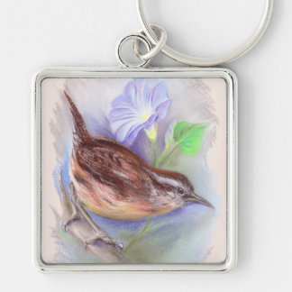 Porte-clés Carolina Wren avec les fleurs de gloire du matin