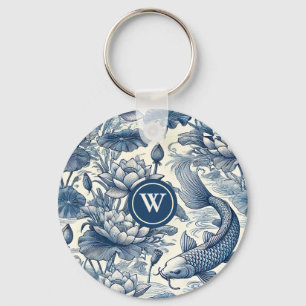 Porte-clés Carpe Koï Nénuphar Bleu Chinoiserie Toile Initiale