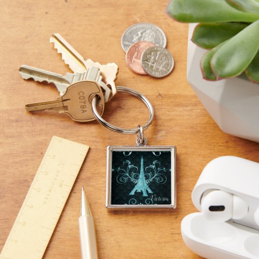 Porte-clés carré aux tourbillons floraux sarcelle  (Bureau)