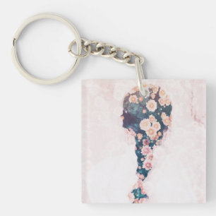 Porte-clés Carré blanc de rose en pastel de tresse de fleur