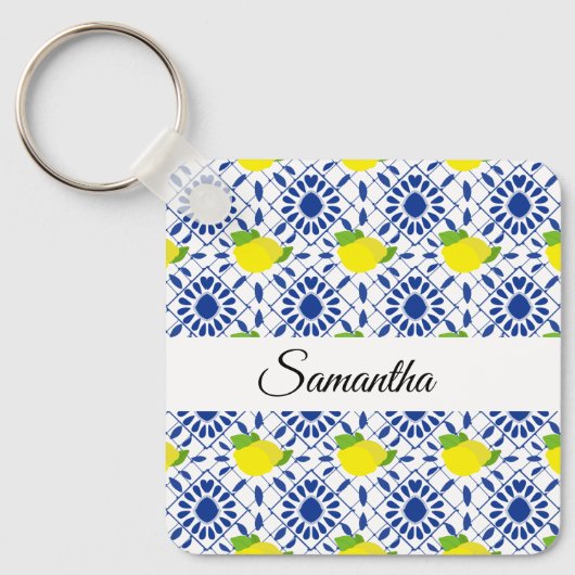 Porte-clés Carreau de citron géométrique bleu (Recto)