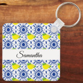Porte-clés Carreau de citron géométrique bleu (Verso)