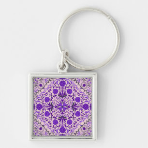 Porte-clés Carreaux floraux en violet et coton bonbon rose