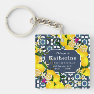 Porte-clés Carreaux Méditerranéens Citron Bleu Nuit Blanc