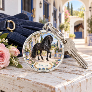 Porte-clés Carrelage espagnol personnalisé Cheval noir andalo