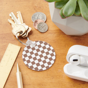 Porte-clés Carrés à damier marron moka blanc géométrique rétr