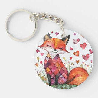 Porte-clés Carte de la Saint-Valentin renard à l'aquarelle