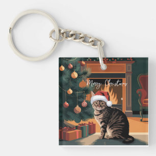 Porte-clés carte de Noël avec un chat tigré mignon vintage