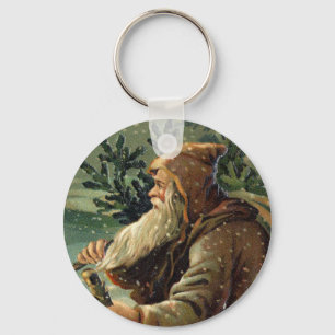 Porte-clés Carte de Noël vintage, Père Noël et arbre