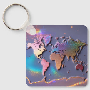 Porte-clés Carte du monde coloré 3D Parties scintillant brill