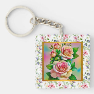 Porte-clés Carte élégante de rose d'aquarelle de Fête des Mèr