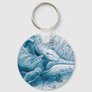 Porte-clés Carte Vintage bleue des baleines