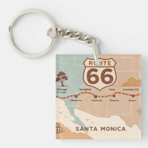 Porte-clés Carte vintage de la route 66 avec des villes histo