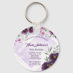 Porte-clés Carton d'invitation élégant violet floral pour ann