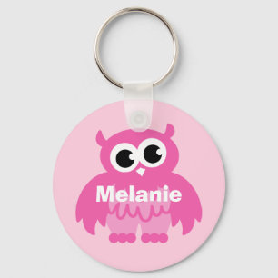 Porte-clés cartoon chouette rose girly avec nom