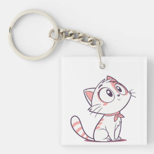 Porte-clés Cartoon Cute White & Rose Kitten - Acrylique pour