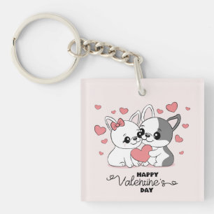 Porte-clés Cartoon mignon Bulldog Les amoureux des coeurs Sai