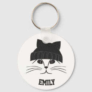 Porte-clés Cat in Wool Hat Personalised Cute
