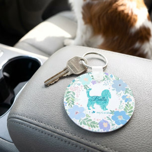 Porte-clés Cavalier King Charles Spaniel Floral Bleu Pastel