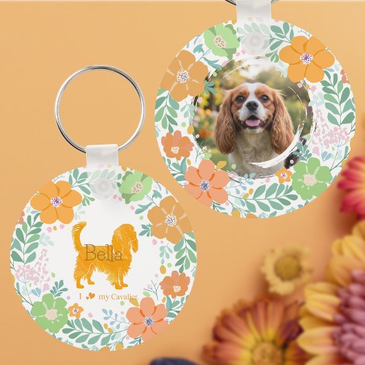 Porte-clés Cavalier King Charles Spaniel Pastel Orange Flower