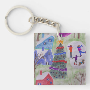 Porte-clés Cercle de clé acrylique du village de Noël