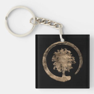 Porte-clés Cercle de zen d'Enso et arbre - or sur le noir