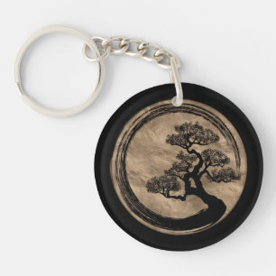 Porte-clés Cercle de zen d'Enso et or d'arbre de bonsaïs
