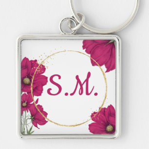 Porte-clés cercle doré à fleurs roses