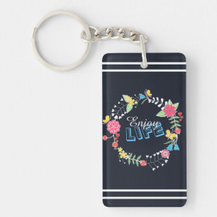 Porte-clés cercle floral dynamique girly "Enjoy Life" mots