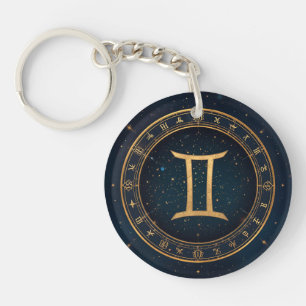 Porte-clés Cercle Zodiacal Gémeaux Dorés avec Nuit Étoilée