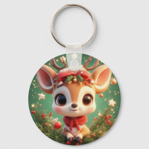 Porte-clés Cerf de dessin animé adorable dans un Noël festif