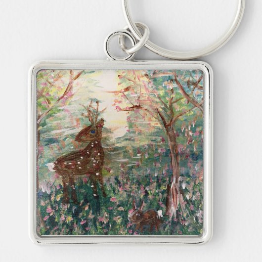 Porte-clés cerf et lapin dans les bois (Devant)