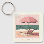 Porte-clés Chaise de plage rose et crème et parapluie (Recto)