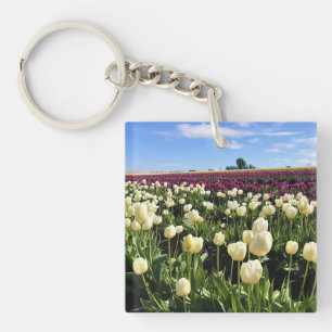Porte-clés Champ de tulipes blanches et violettes avec montgo