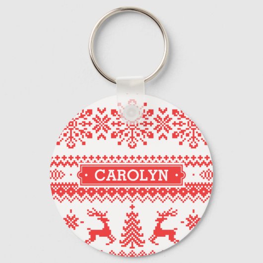 Porte-clés Chandail de Noël rouge brun motif monogramme (Recto)