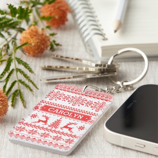 Porte-clés Chandail de Noël rouge brun motif monogramme (Devant droit)