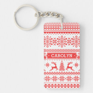 Porte-clés Chandail de Noël rouge brun motif monogramme