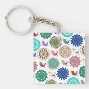 Porte-clés Chanter Bird et Mandala Cute Folk Art Motif