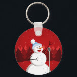 Porte-clés Chanter Snowman Red Christmas<br><div class="desc">Design de Noël avec l'illustration d'un bonhomme de neige heureux chantant avec un micro. La neige tombe, des flocons de neige partout, et une forêt de pins se voit dans l'arrière - plan. Ce joli design de bonhomme de neige a joyeux code couleur blanc et rouge Noël avec une touche...</div>