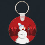 Porte-clés Chanter Snowman Red Christmas<br><div class="desc">Design de Noël avec l'illustration d'un bonhomme de neige heureux chantant avec un micro. La neige tombe, des flocons de neige partout, et une forêt de pins se voit dans l'arrière - plan. Ce joli design de bonhomme de neige a joyeux code couleur blanc et rouge Noël avec une touche...</div>